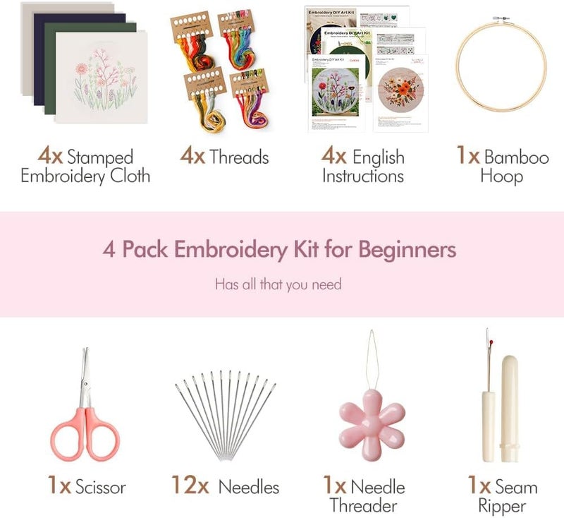 wtisan 4 Pack Embroidery kit for Beginners Adults DIY Starter Kit, Cross Stitch Kits with Flower Stamped Patterns, Embroidery Hoop, Tools,Colorful Threads,Step by Step Instructions,Hand Craft Lover Gift - Image 4